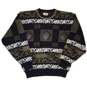 VTG 90's CHIA Men's Crewneck Knit Sweater Leather Patches Geometric Patterns LG